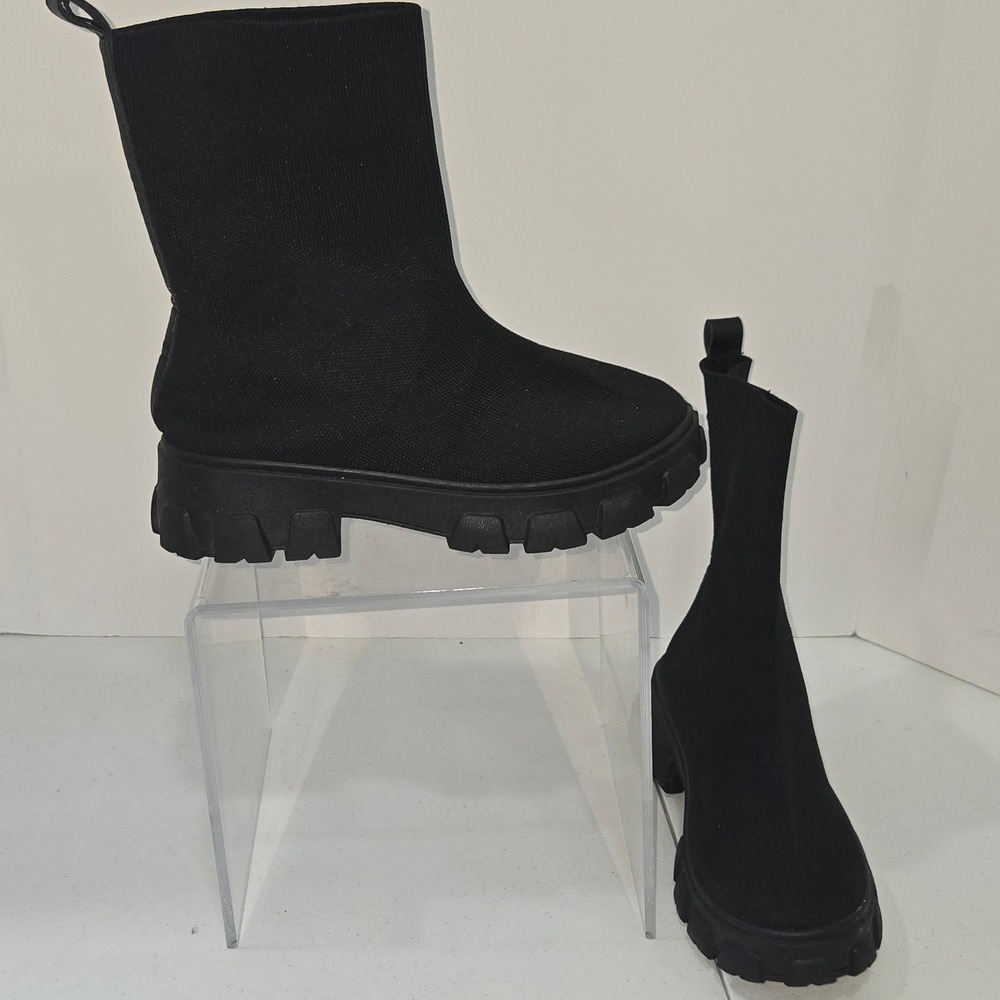 Wild Diva Lounge Black Sock Ankle Boots Lug Sole Platform Chunky Booties Sz 8.5